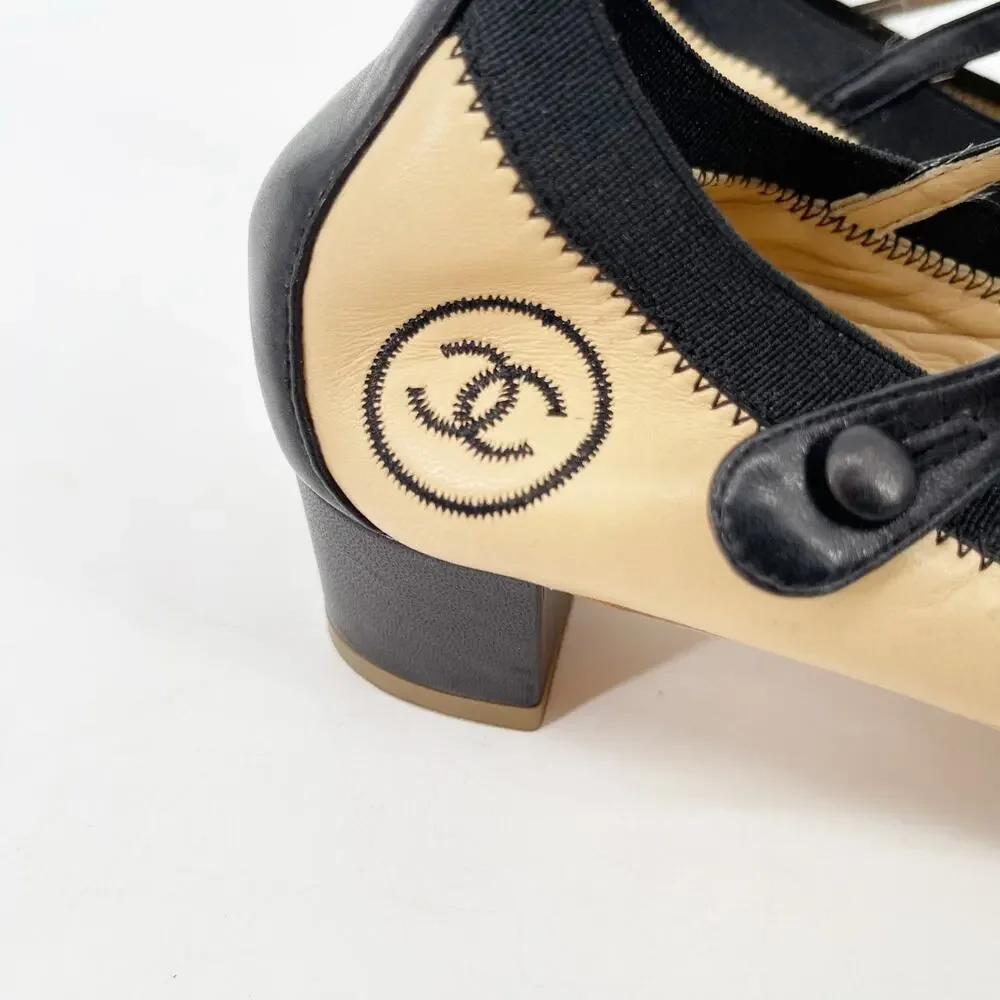 Chanel Retro y2k Beige & Black CC Cap Toe Leather Mary Jane Strap Heels EU 38.5